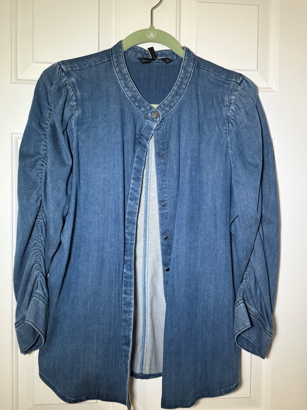 White House Black Market Women's Blue Denim Collarless Jacket